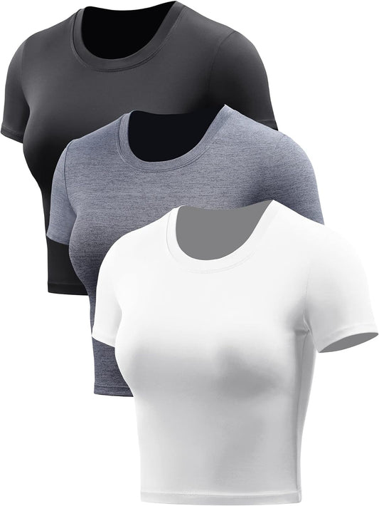 CADMUS Women's Dry Fit Crop Top - Short Sleeve Athletic Running Tee, Set of 3